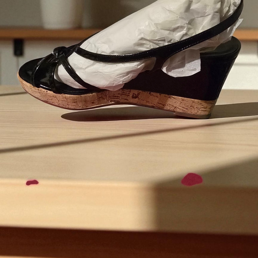 Vaneli Black and Tan Wedge Sandals